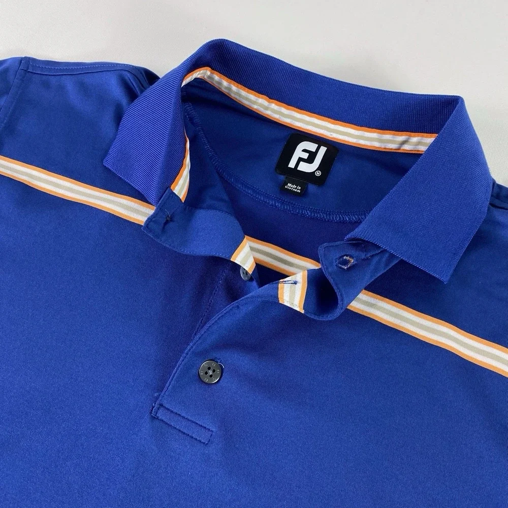 FootJoy Polo‎ Shirt Mens Medium Blue Golf Performance Orange Stripe Short Sleeve
